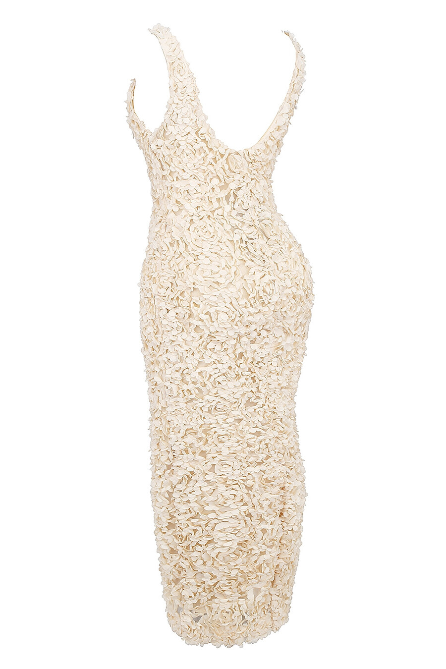 cremefarbenes maxikleid mit tiefem ausschnitt und floralen applikationen