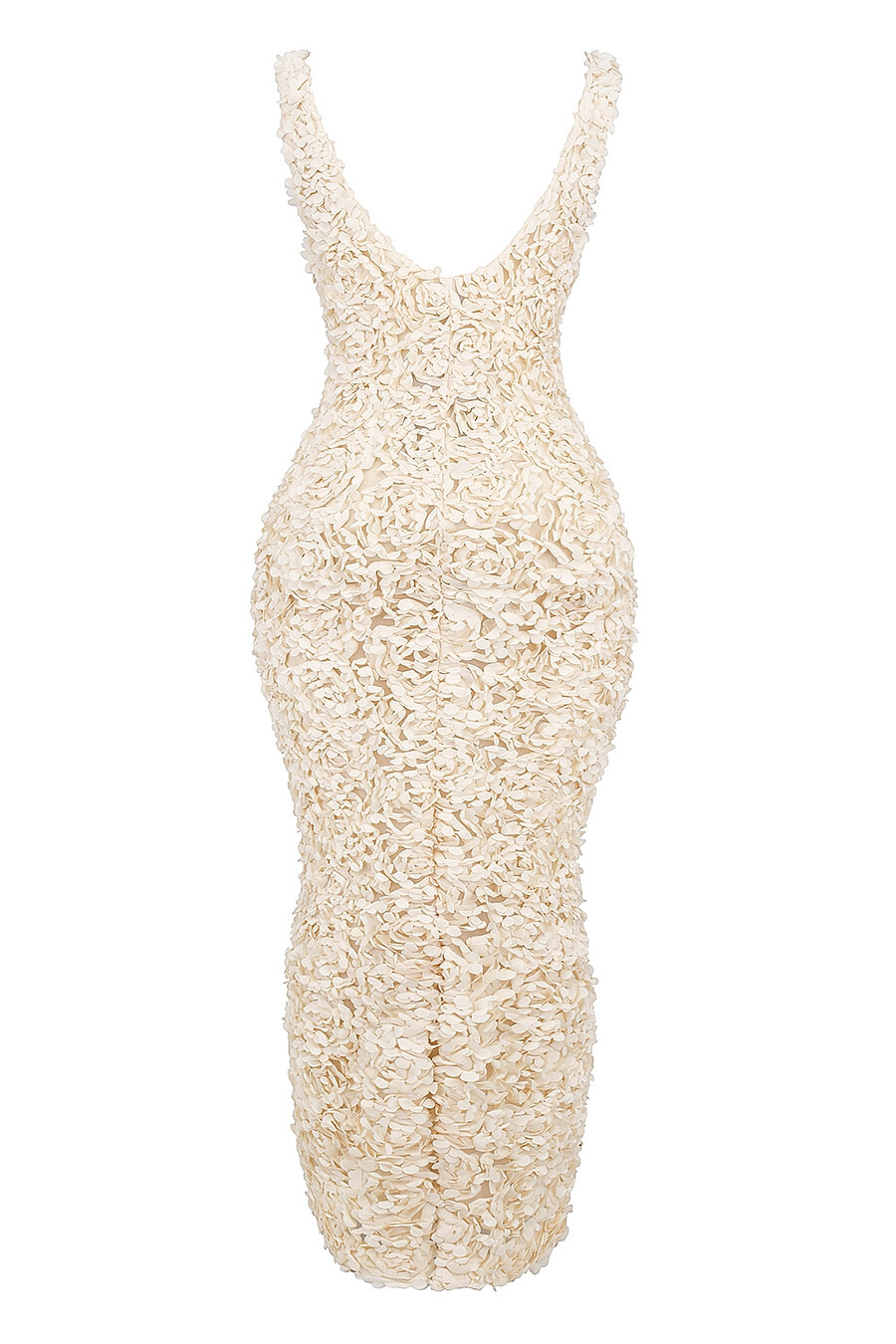 cremefarbenes maxikleid mit tiefem ausschnitt und floralen applikationen