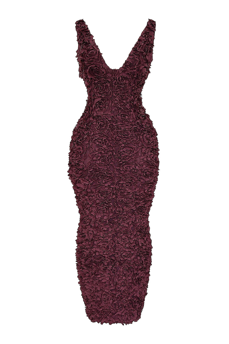 merlotfarbenes maxikleid mit tiefem ausschnitt und floralen applikationen