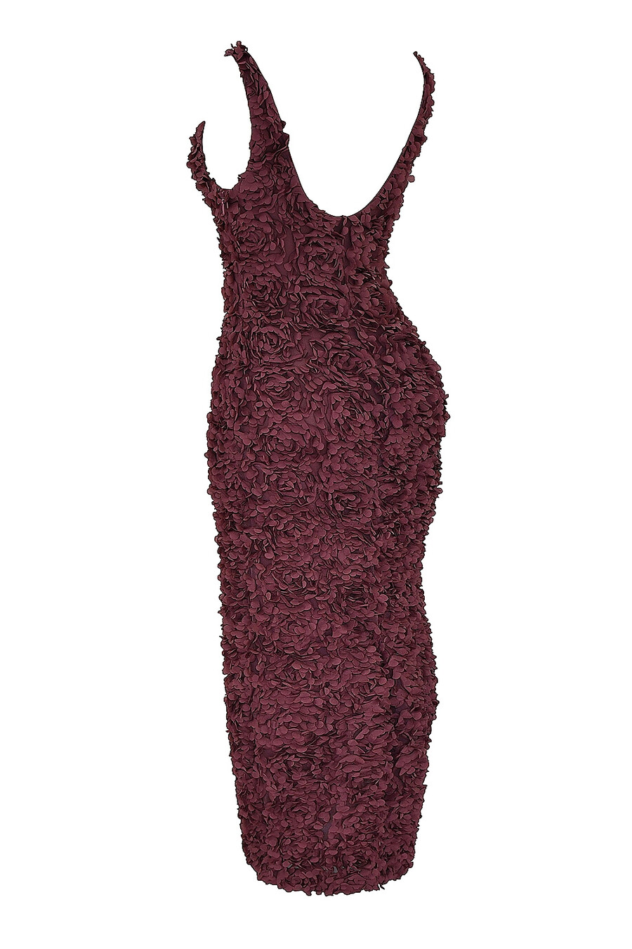 merlotfarbenes maxikleid mit tiefem ausschnitt und floralen applikationen