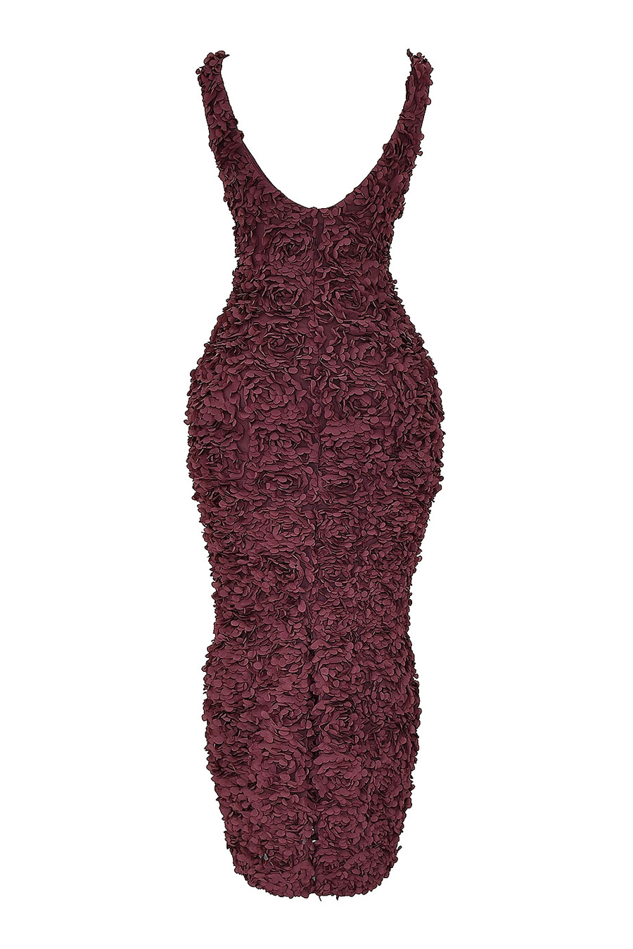 merlotfarbenes maxikleid mit tiefem ausschnitt und floralen applikationen