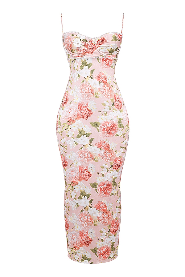 maxikleid aus satin mit rosa pfingstrosenmuster