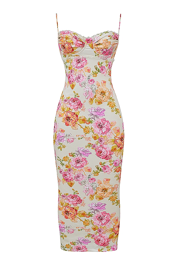 elfenbeinfarbenes maxikleid mit blumenmuster