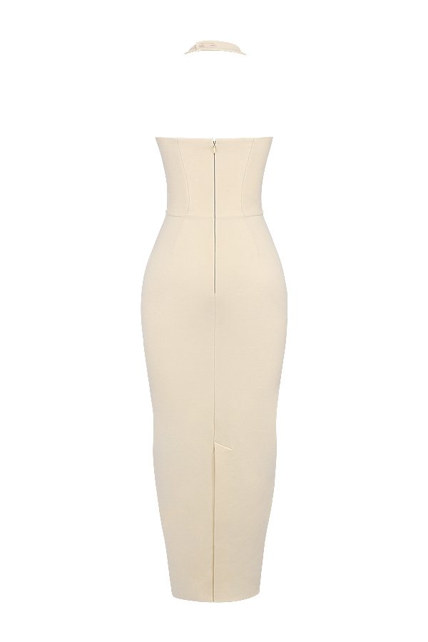 ecrufarbenes neckholder-maxikleid