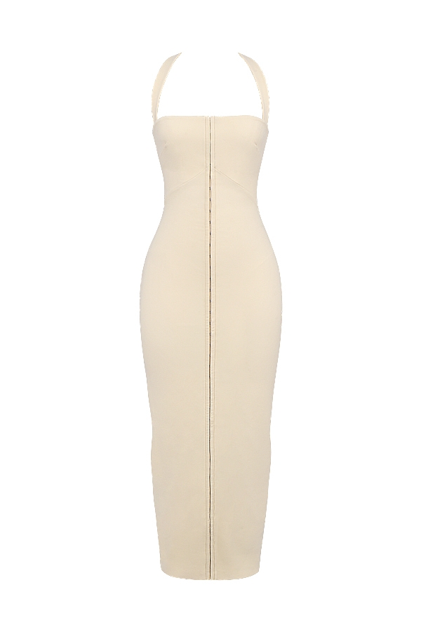 ecrufarbenes neckholder-maxikleid