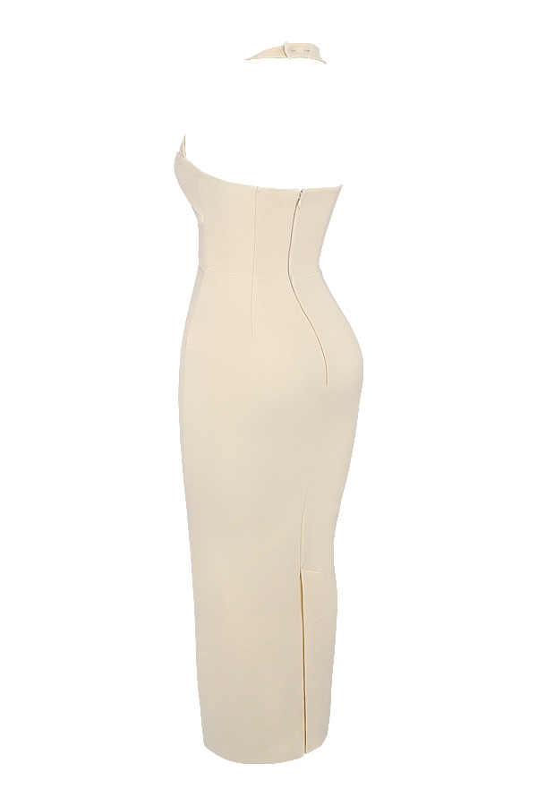 ecrufarbenes neckholder-maxikleid