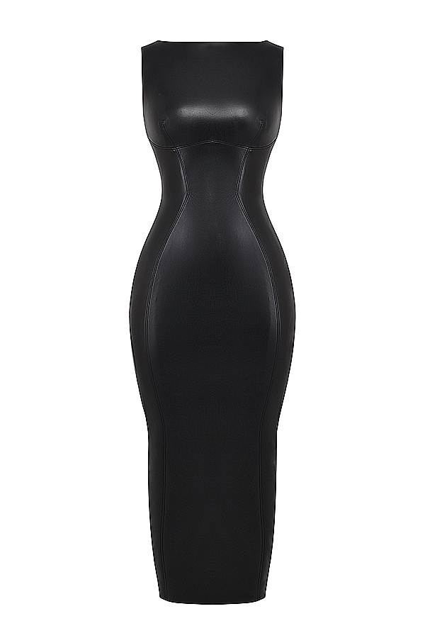schwarzes maxikleid aus veganem leder
