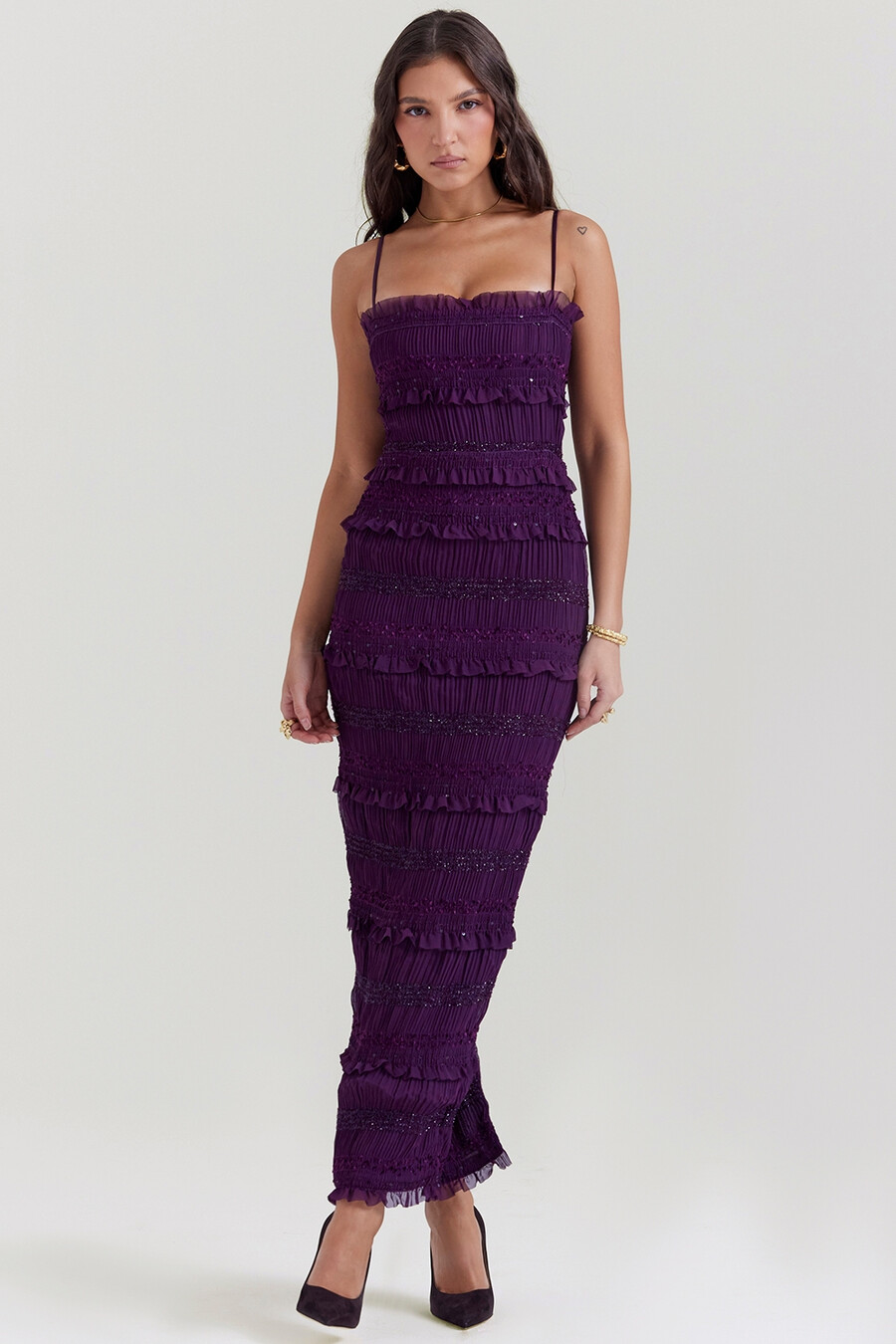 paillettenkleid mit traubenmuster und faltenrock