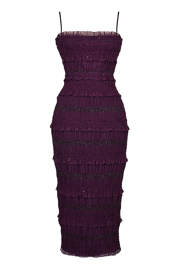 paillettenkleid mit traubenmuster und faltenrock