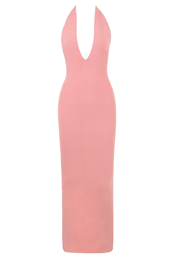aprikosenfarbenes maxikleid mit tiefem ausschnitt