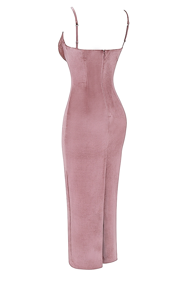zartrosa samt-midikleid