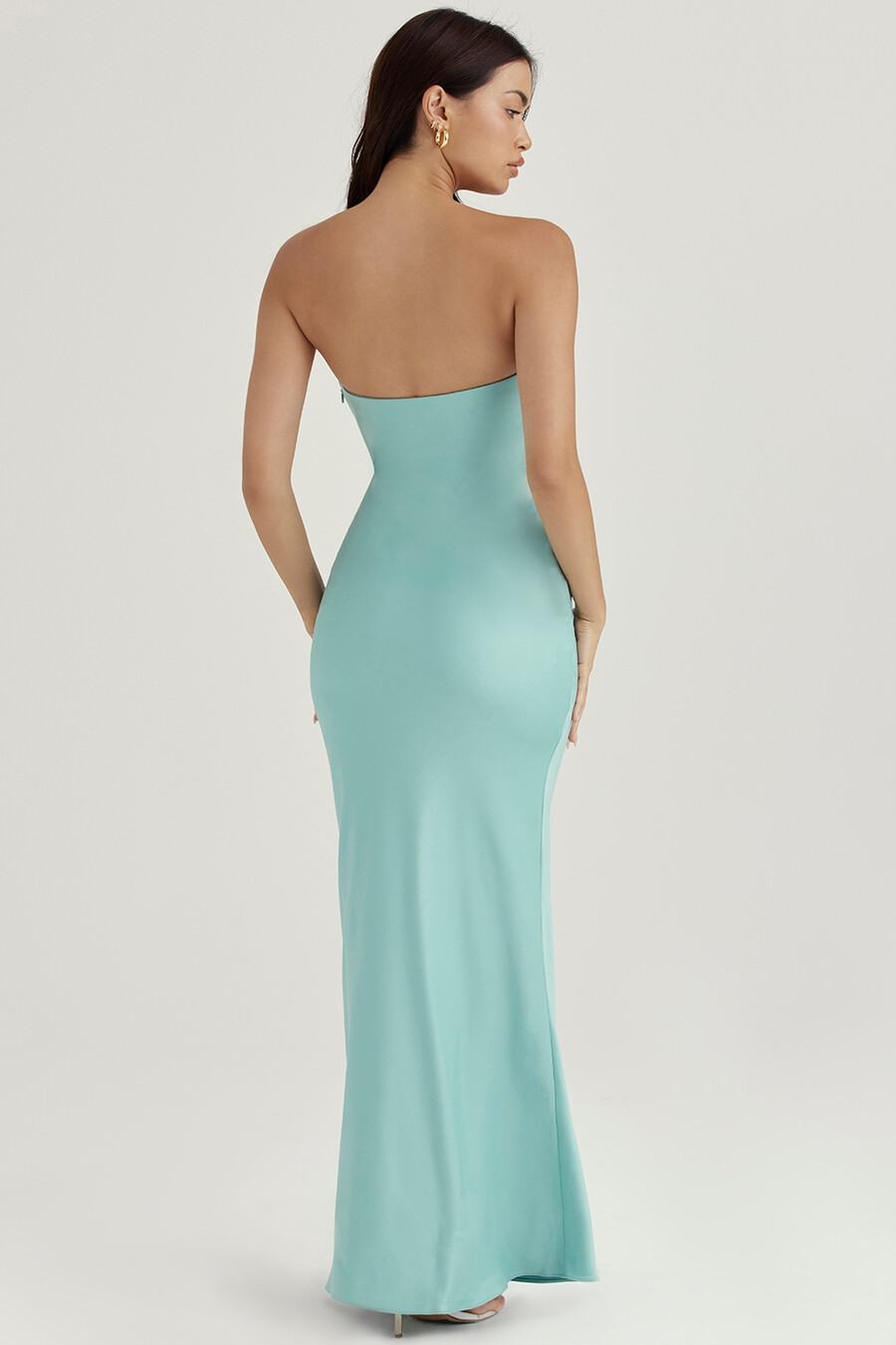 jade satin trägerloses maxikleid