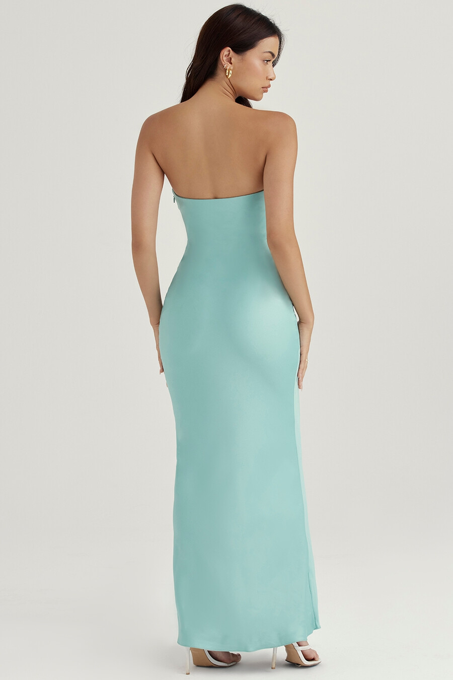 jade satin trägerloses maxikleid