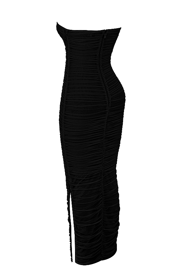 schwarzes trägerloses maxikleid aus mesh