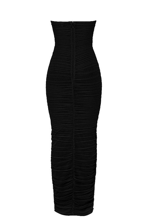 schwarzes trägerloses maxikleid aus mesh
