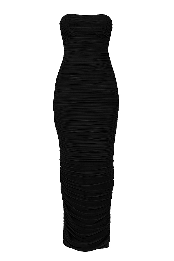 schwarzes trägerloses maxikleid aus mesh