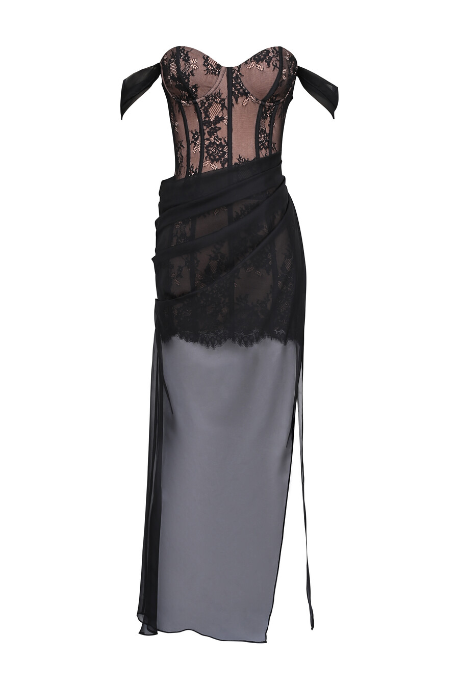 schwarzes schulterfreies maxikleid aus spitze