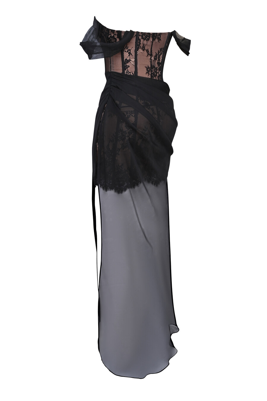 schwarzes schulterfreies maxikleid aus spitze