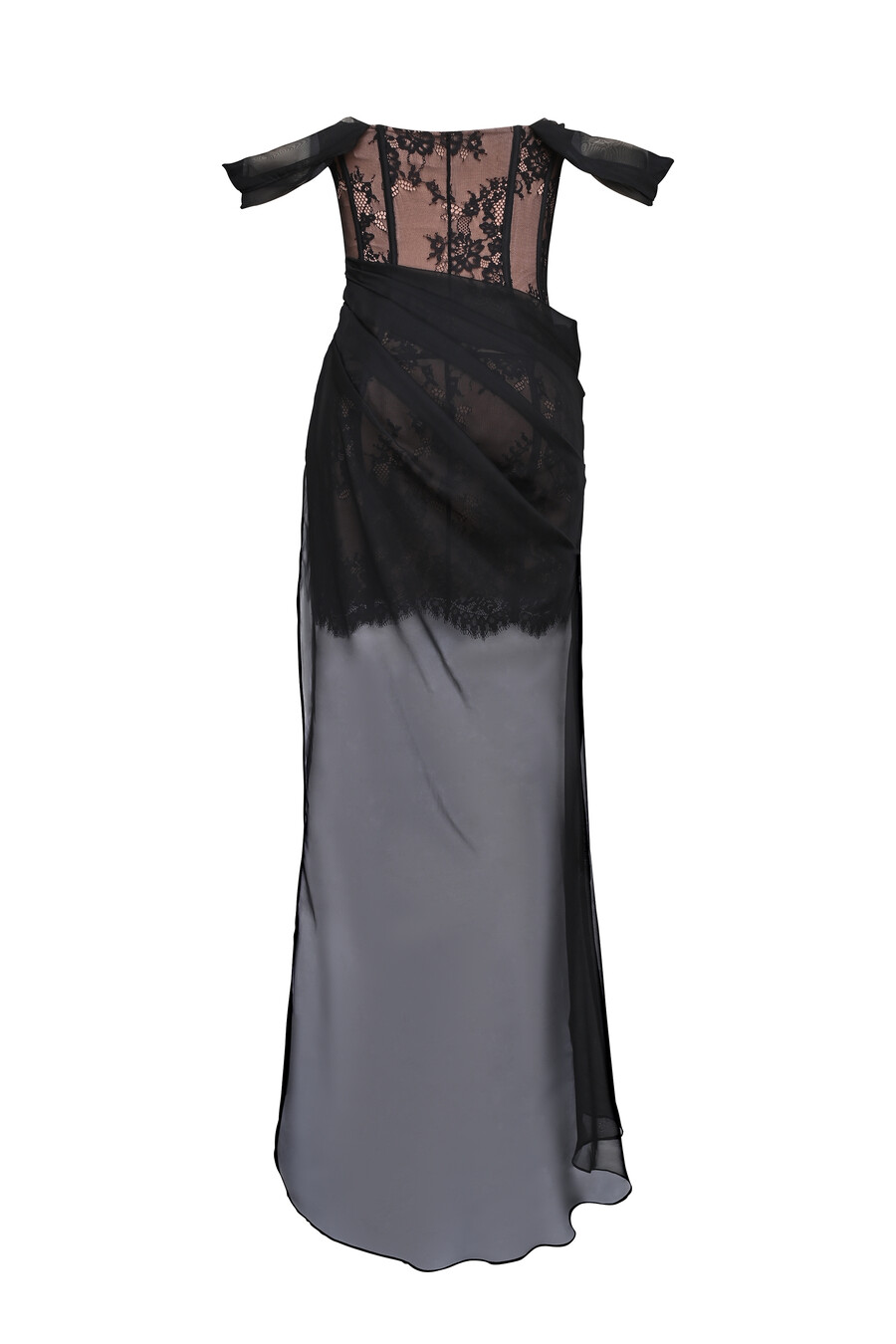 schwarzes schulterfreies maxikleid aus spitze