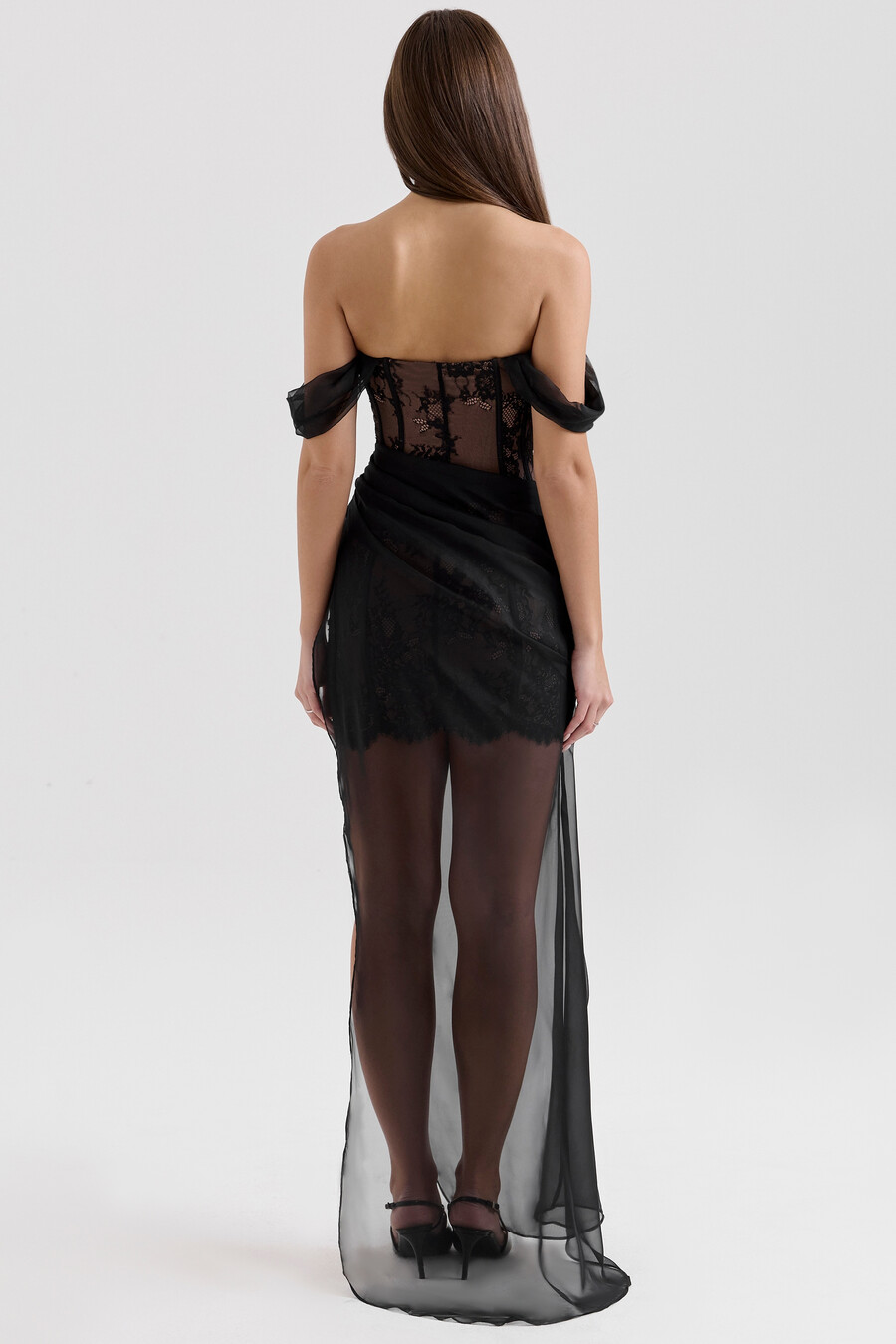 schwarzes schulterfreies maxikleid aus spitze