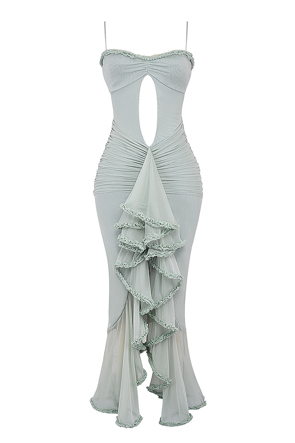 pistazienfarbenes kleid mit rüschen vorne