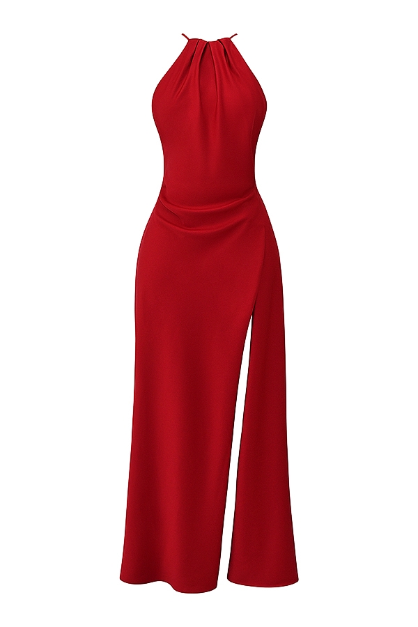 rotes maxikleid mit beinschlitz und rosenmuster