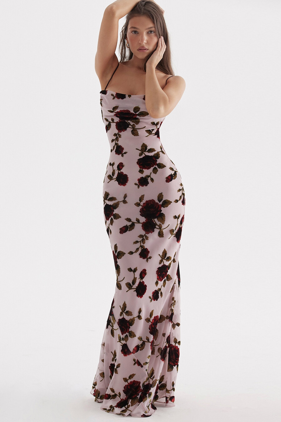 rosa devore maxikleid