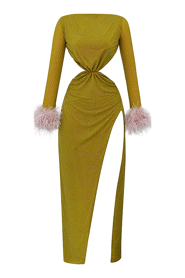 chartreusefarbenes kristallisiertes maxikleid