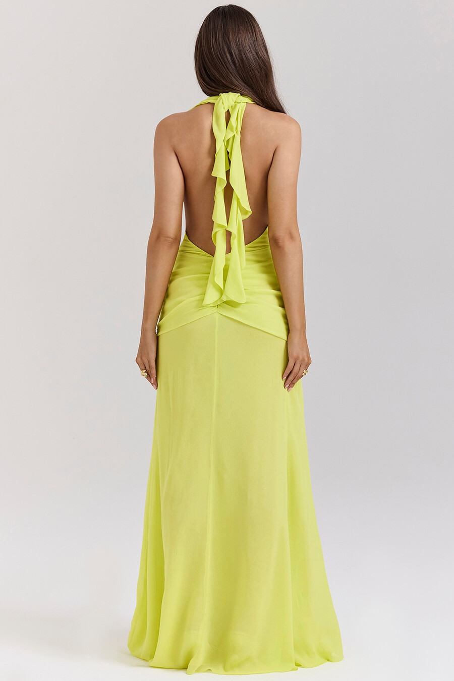 säuregrünes rückenfreies neckholder-maxikleid