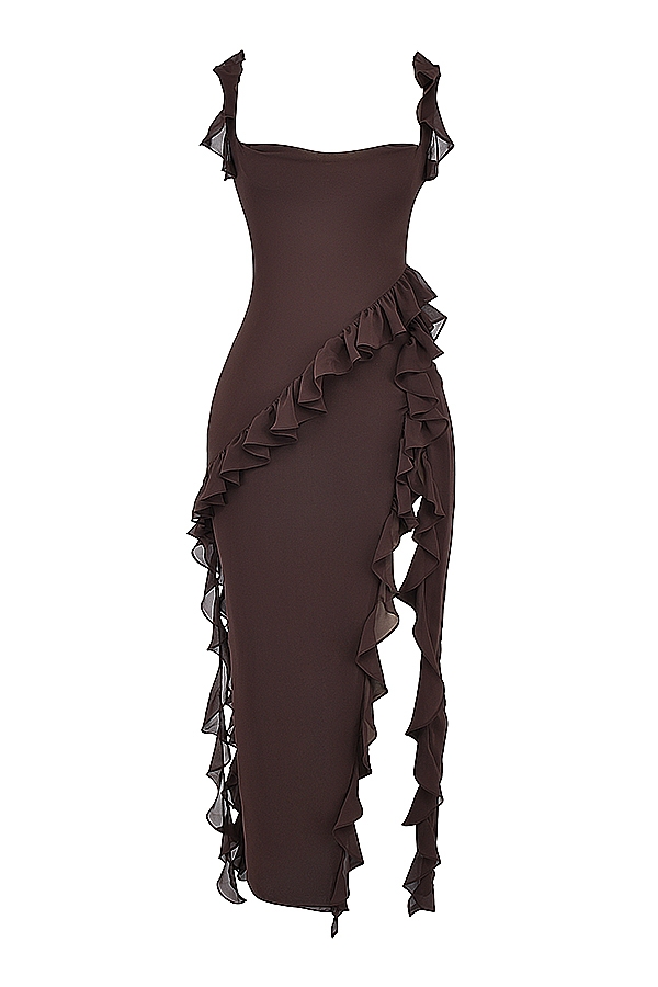 espressofarbenes rüschen-maxikleid
