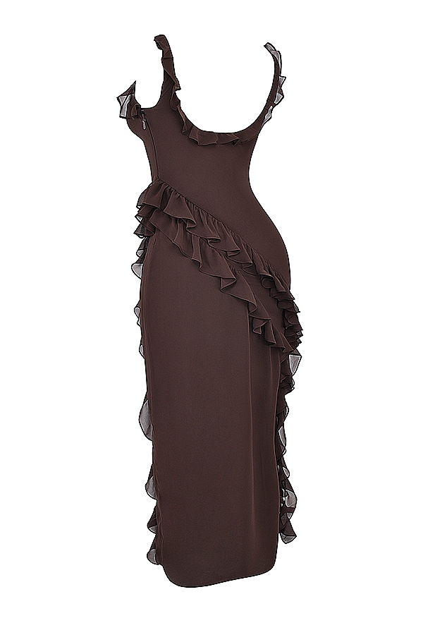 espressofarbenes rüschen-maxikleid