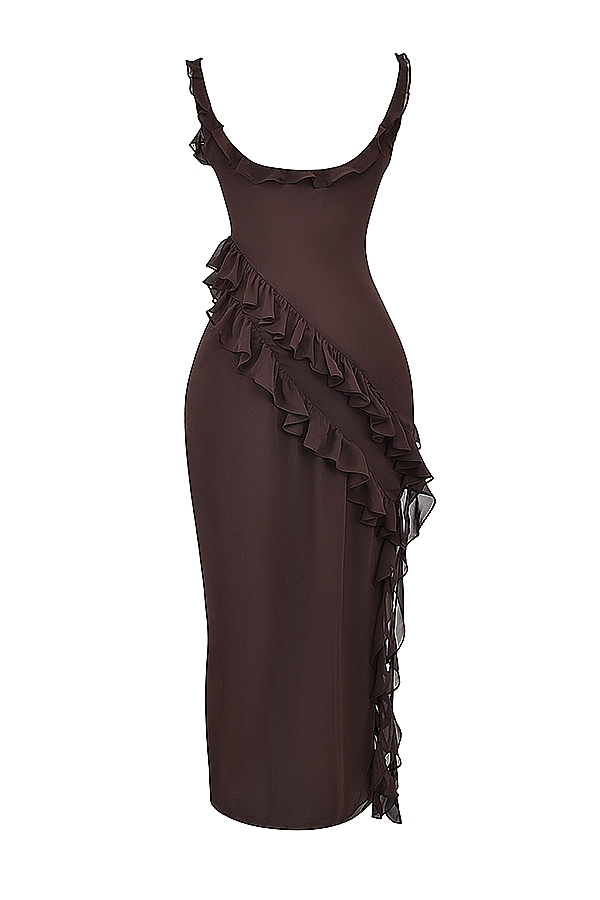 espressofarbenes rüschen-maxikleid