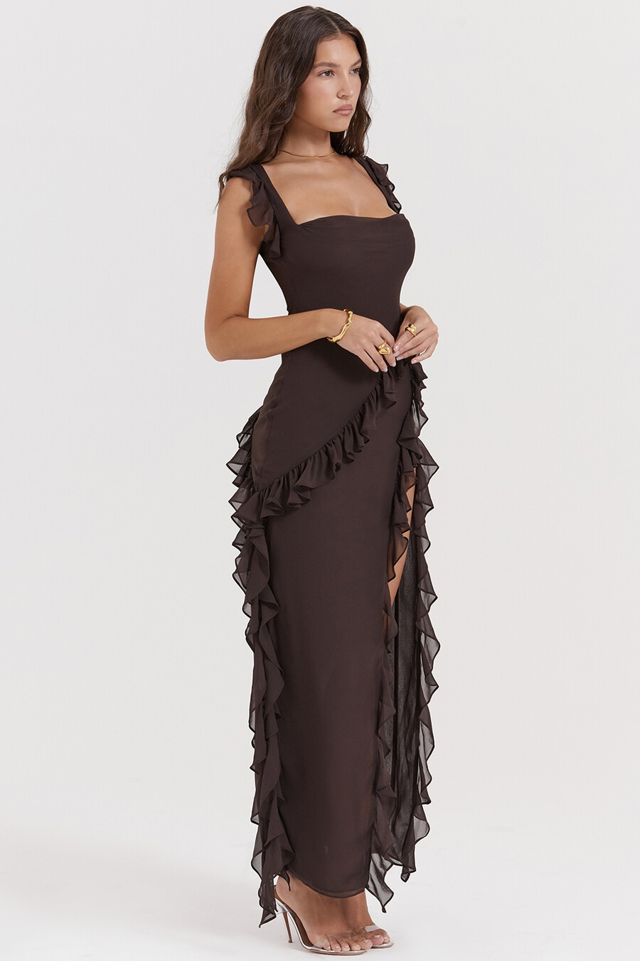 espressofarbenes rüschen-maxikleid