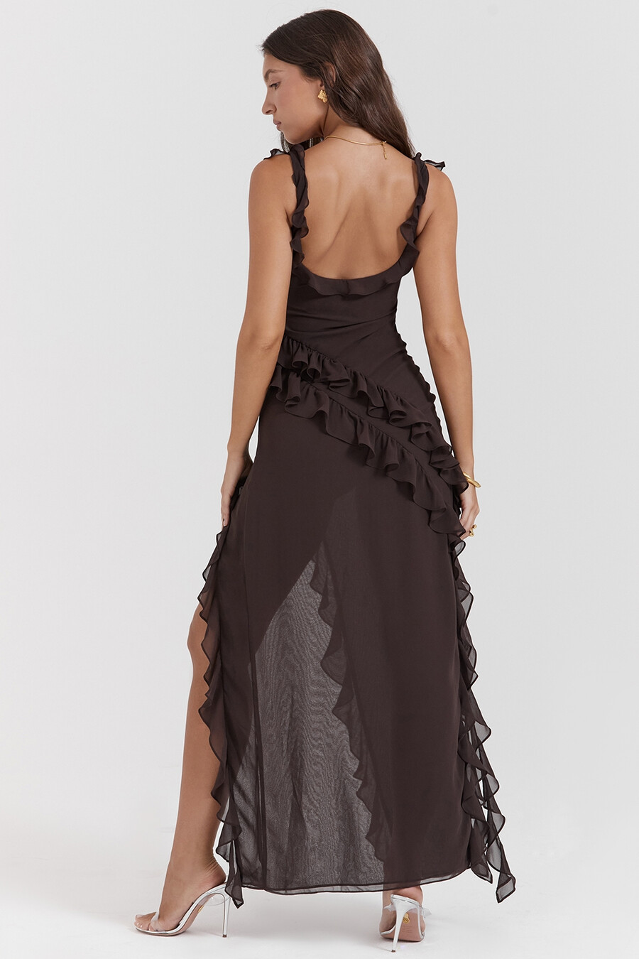 espressofarbenes rüschen-maxikleid