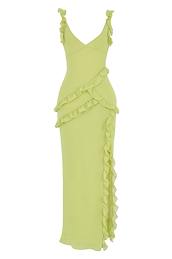 limettengrünes rüschen-maxikleid