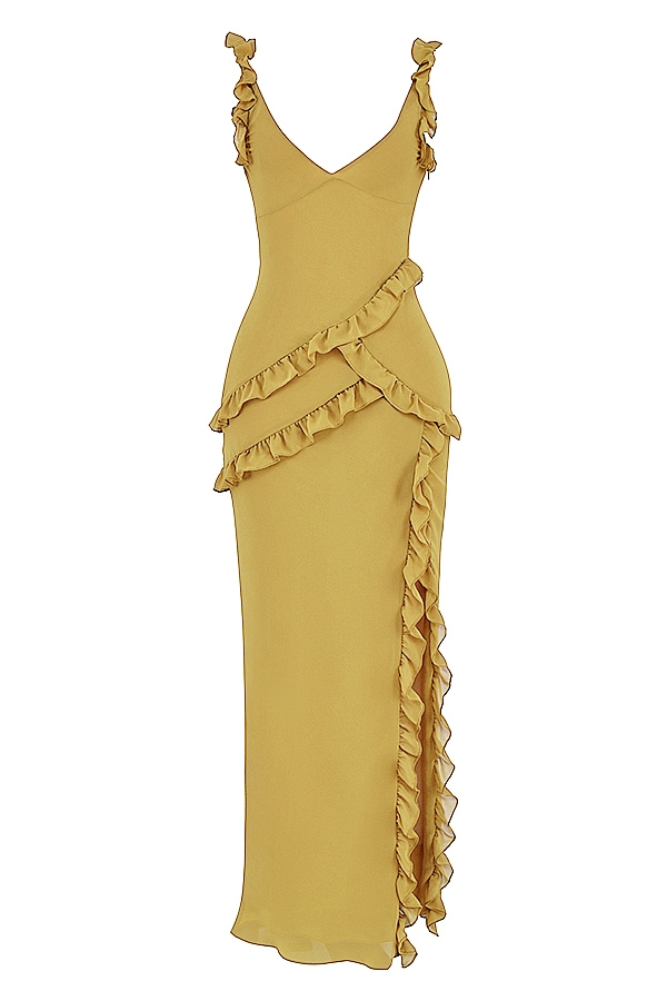 olivgrünes rüschen-maxikleid