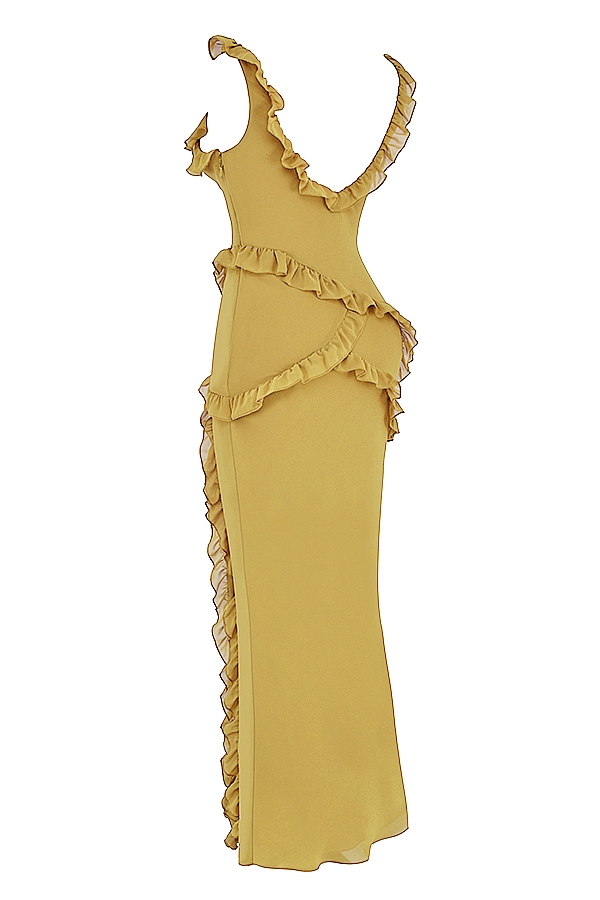olivgrünes rüschen-maxikleid