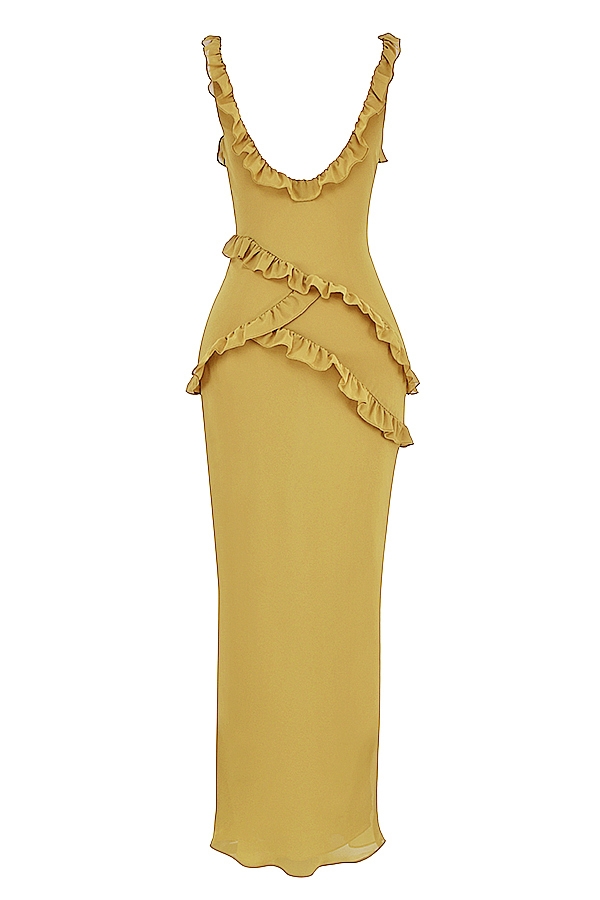 olivgrünes rüschen-maxikleid