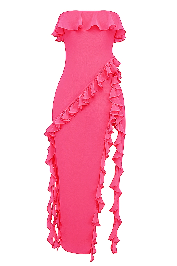 fuchsiafarbenes rüschen-maxikleid