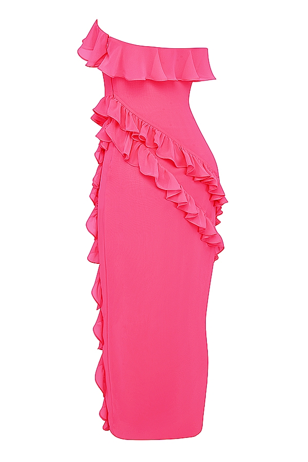 fuchsiafarbenes rüschen-maxikleid