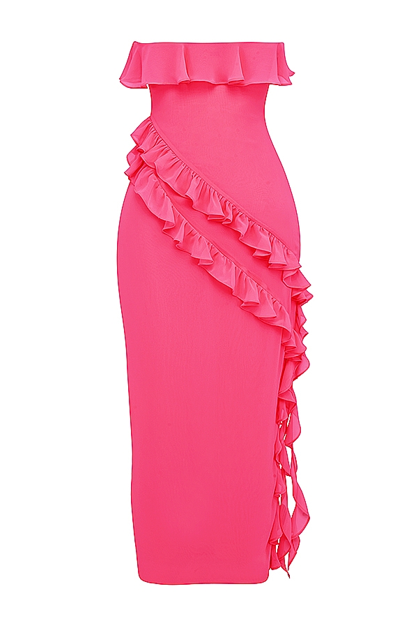 fuchsiafarbenes rüschen-maxikleid