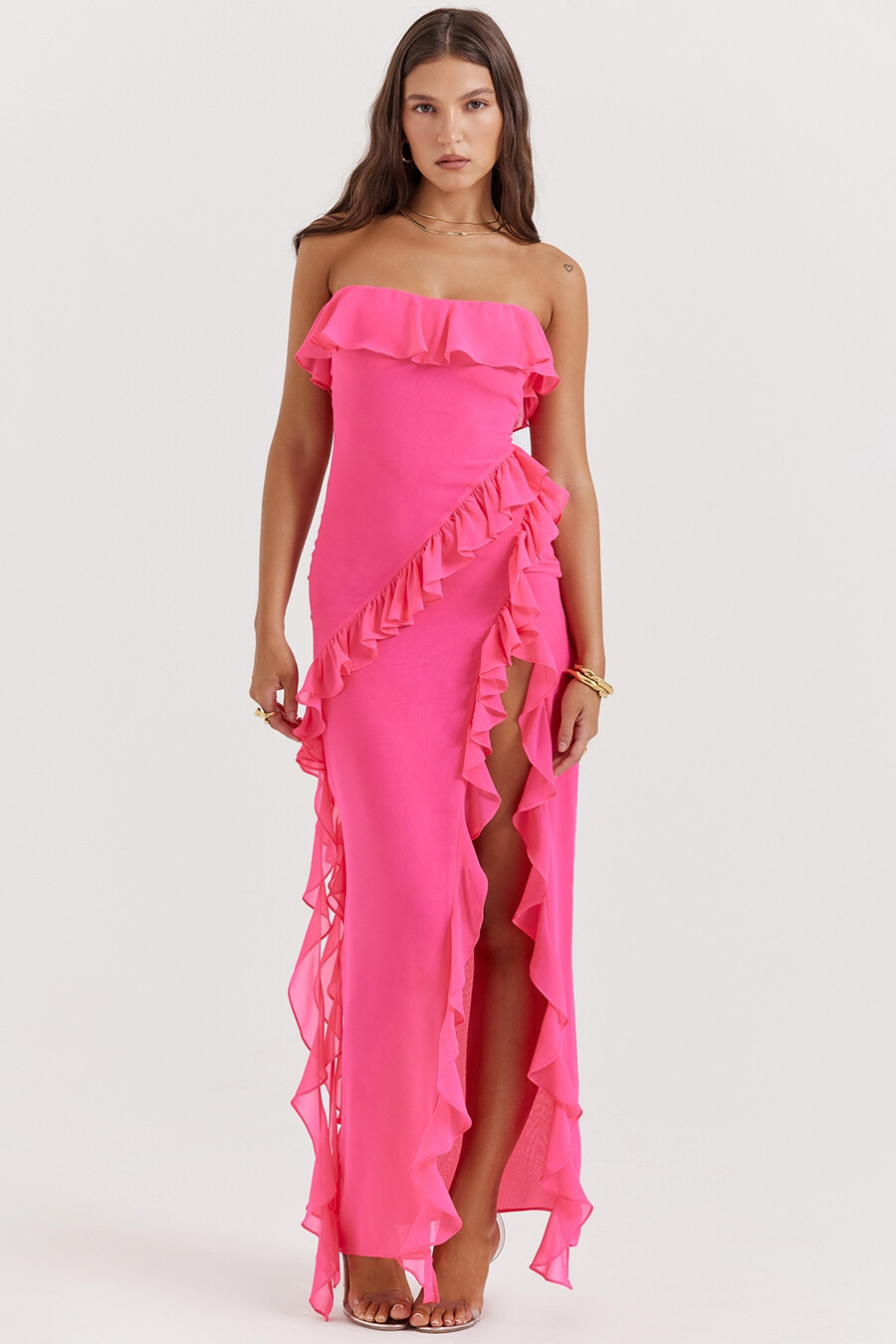 fuchsiafarbenes rüschen-maxikleid