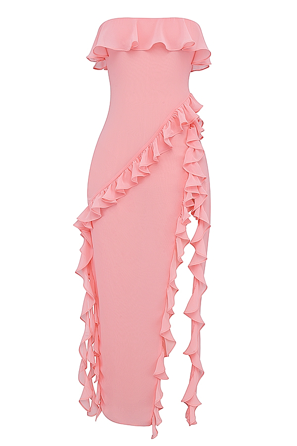aprikosenfarbenes rüschen-maxikleid