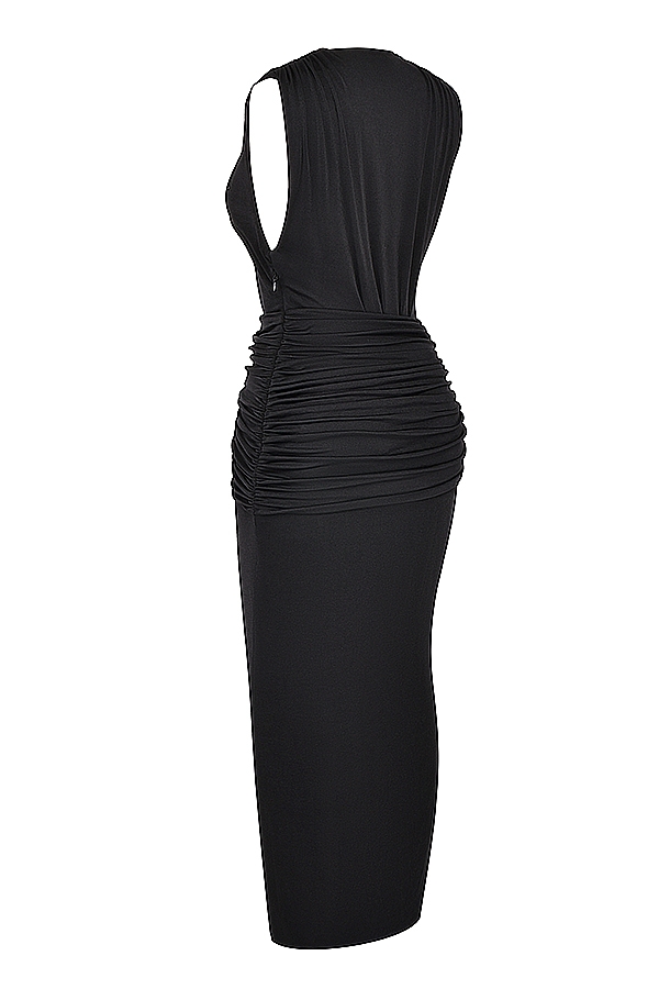 schwarzes maxikleid mit tiefem ausschnitt