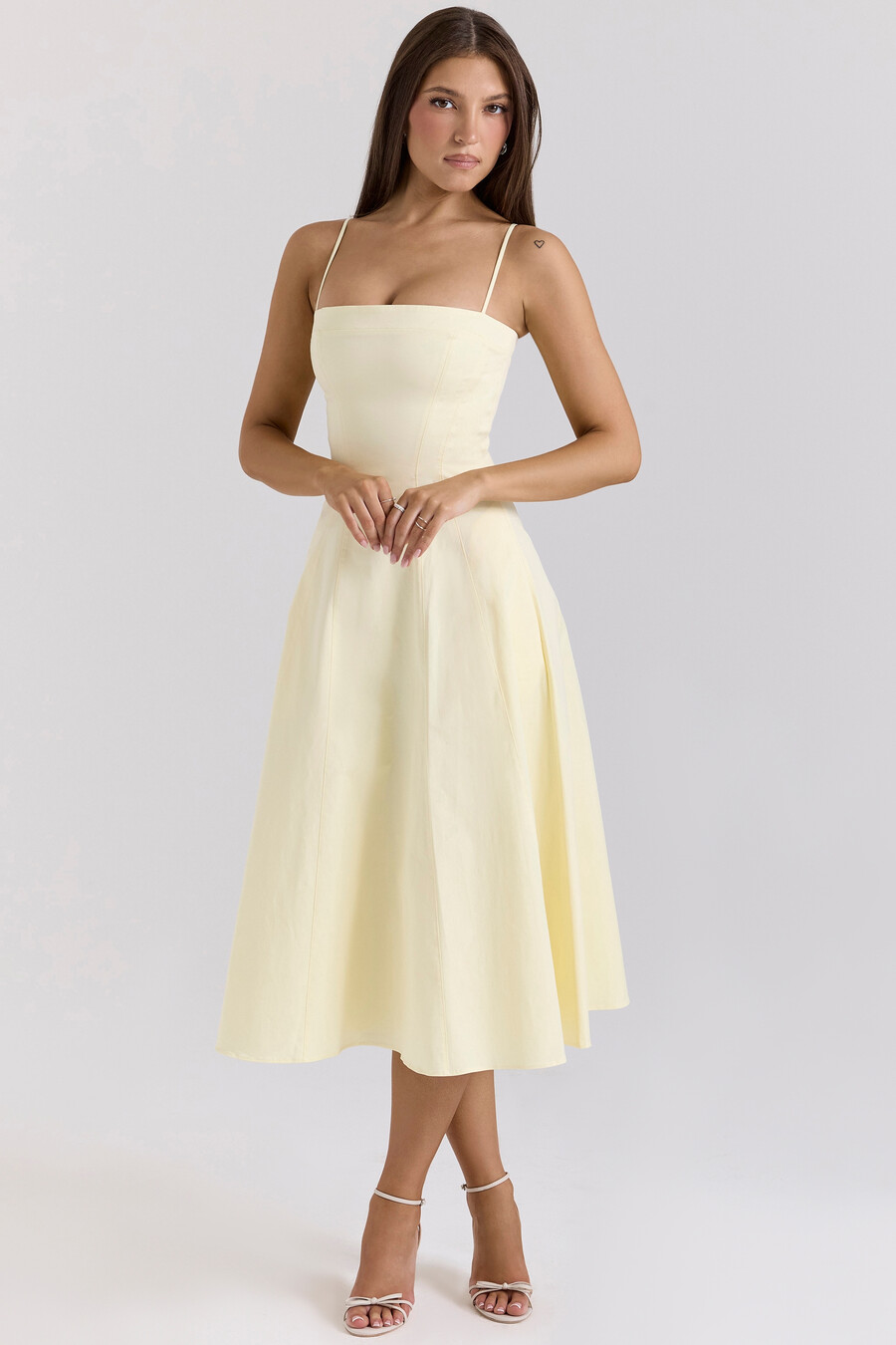 zitronengelbes a-linien-midikleid aus stretch-baumwolle