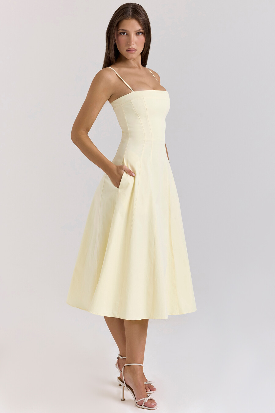 zitronengelbes a-linien-midikleid aus stretch-baumwolle