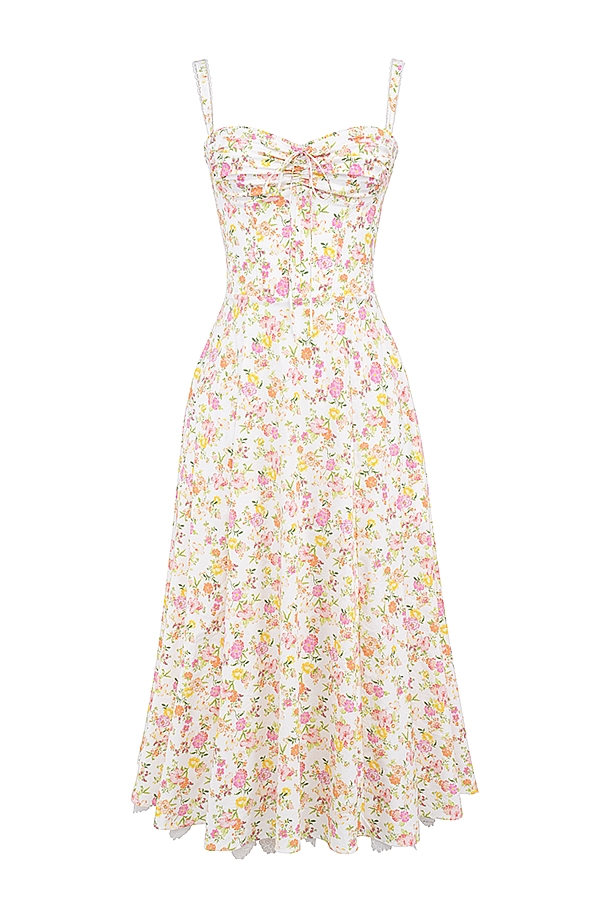 sommerkleid aus elfenbeinfarbenem baumwollbustier mit wiesenmuster