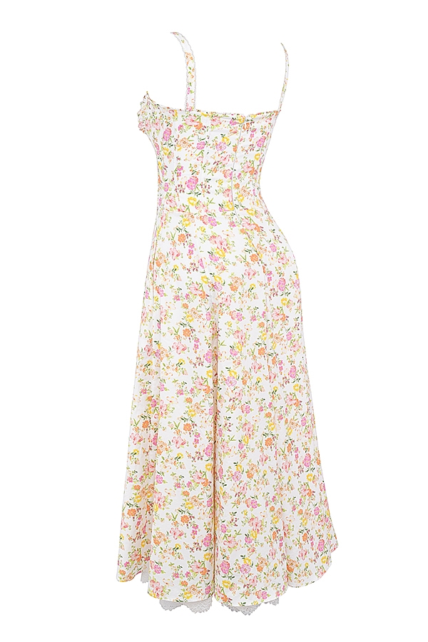 sommerkleid aus elfenbeinfarbenem baumwollbustier mit wiesenmuster