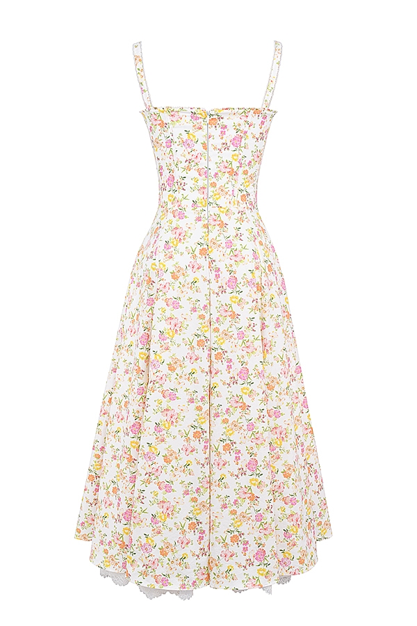 sommerkleid aus elfenbeinfarbenem baumwollbustier mit wiesenmuster