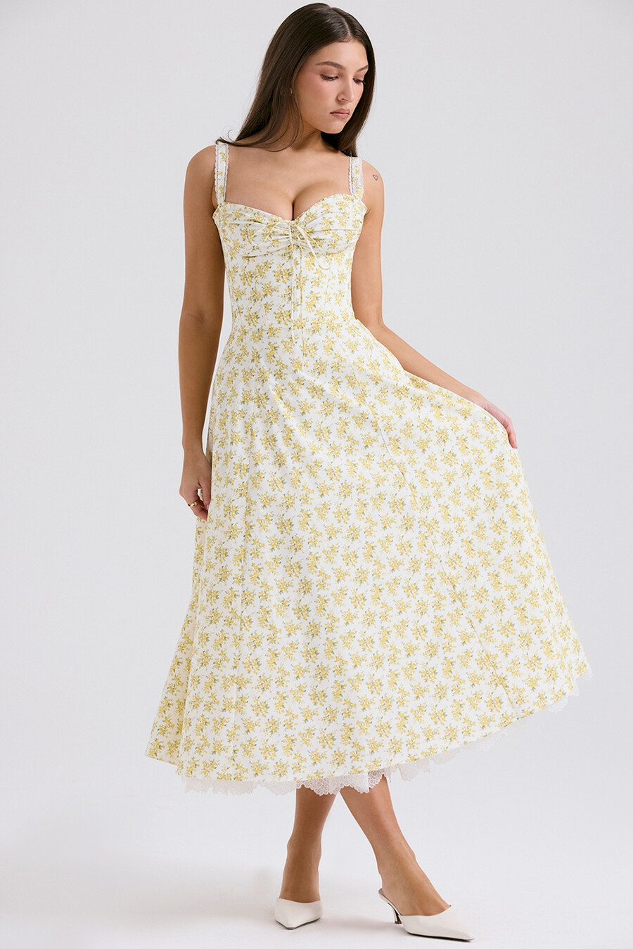 weißes bustierkleid aus baumwolle mit vintage-blumenmuster